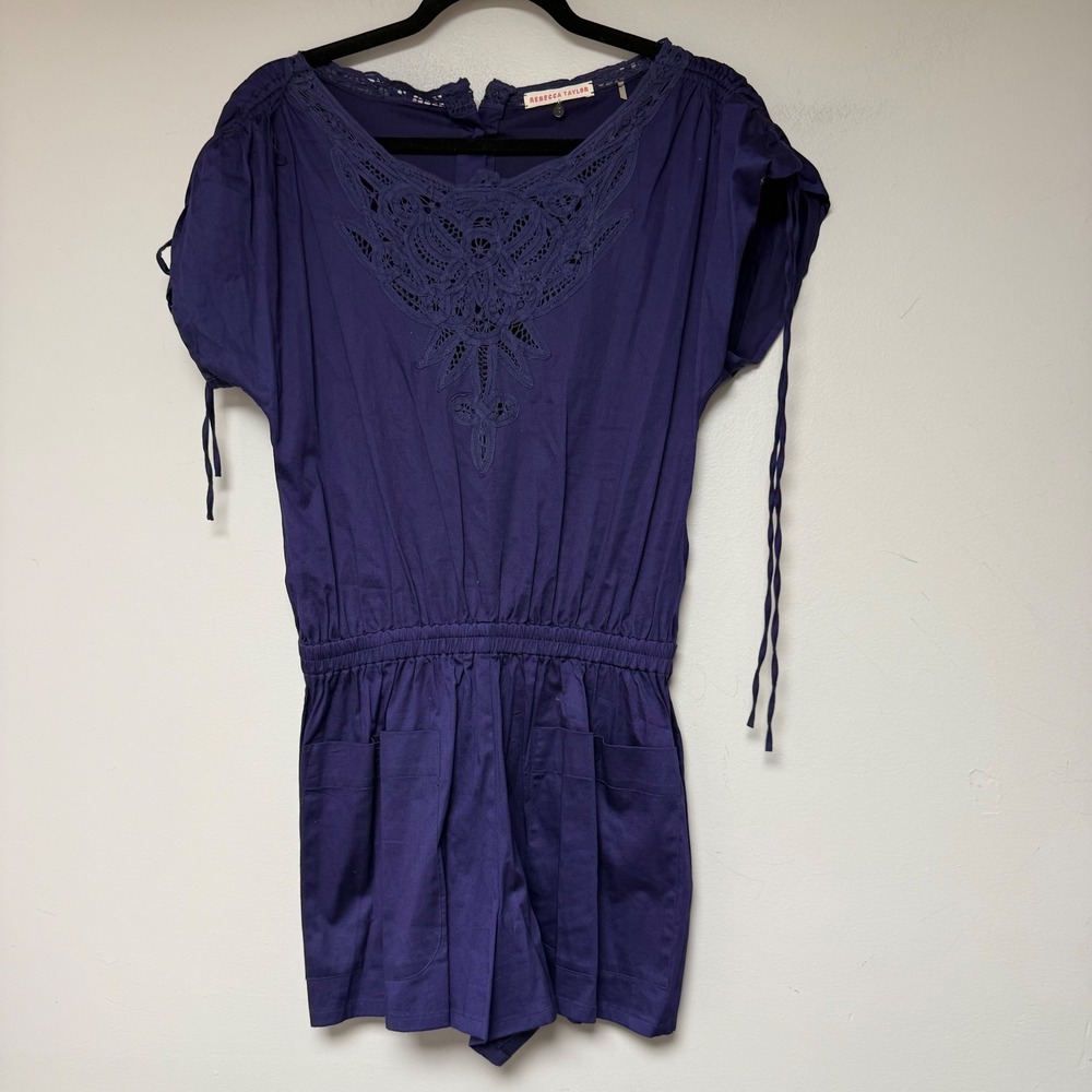Rebecca Taylor Navy Blue Lace Detail Utility Romper Jumpsuit Size 2
